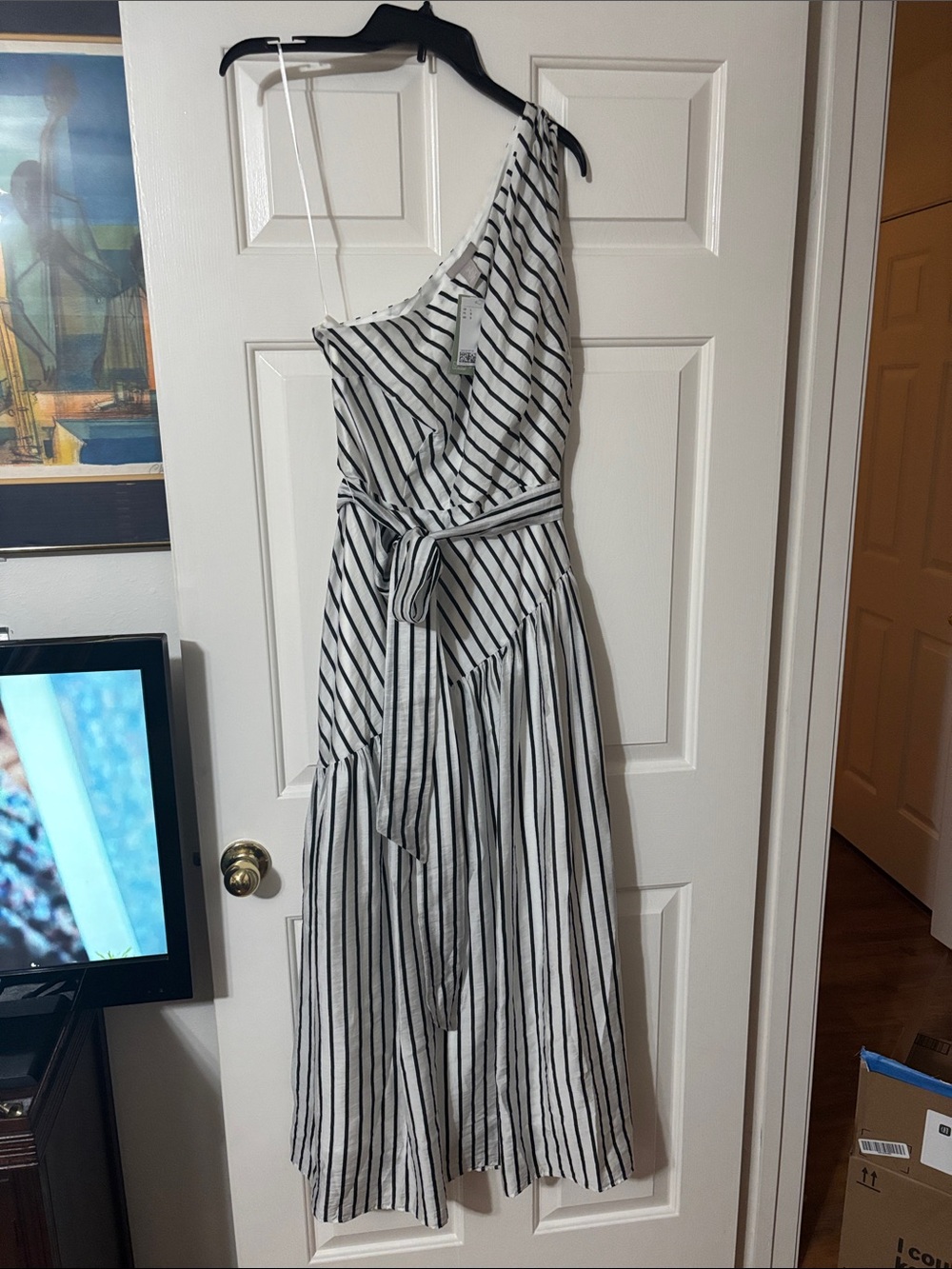 H&M One-Shoulder Black & White Striped Midi Dress with Waist Tie NWT size large